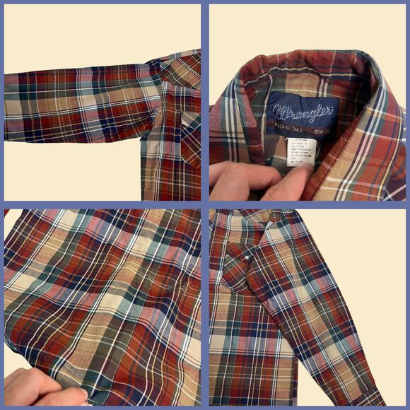 90s Wrangler western shirt, vintage 15.5-34 burgundy plaid pearl snap top - Picture 3 of 6